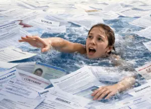 mujer nadando en documentos